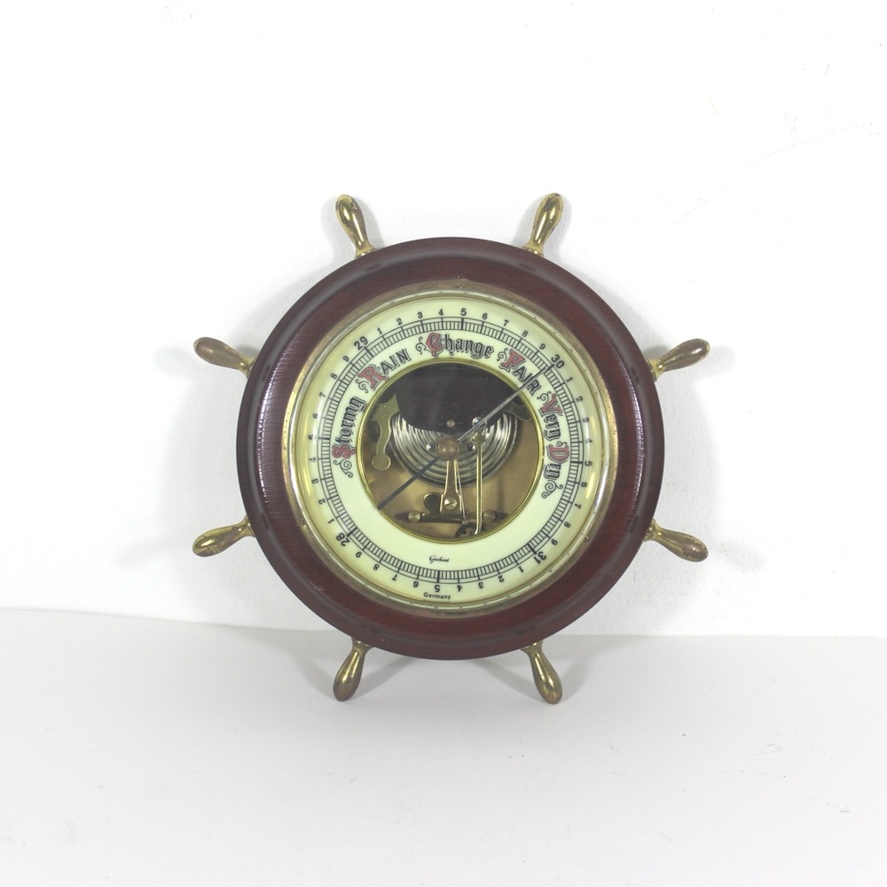 Vintage German Nautical Barometer for on the Wall, Made of Wood, Brass and Glass